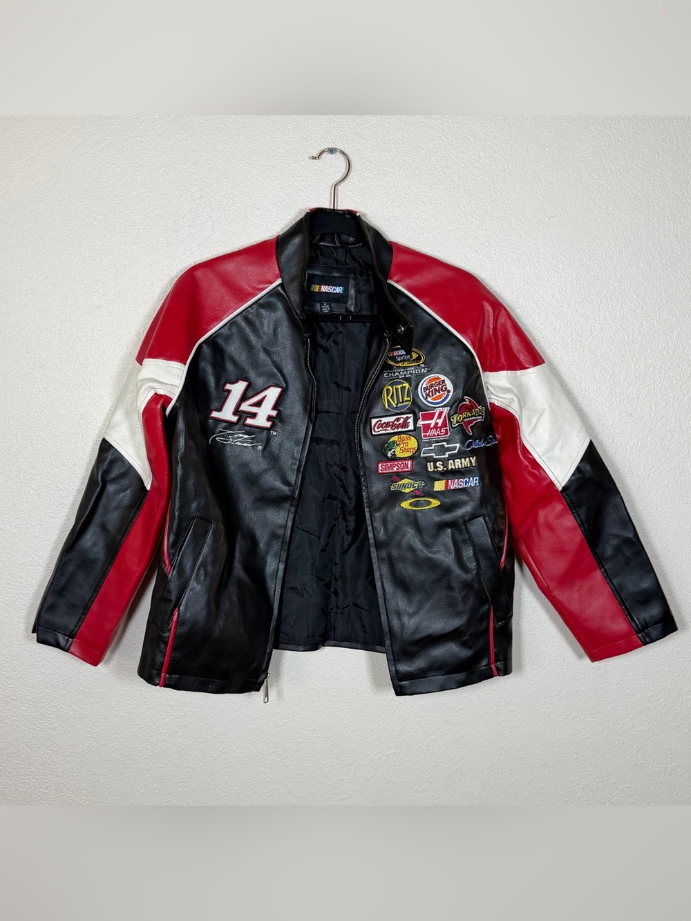 NASCAR Tony Stewart #14 Faux Leather Racing Jacket Boys M (12-14) Sporty Outdoor